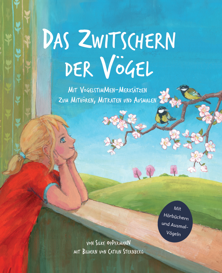 Titelbild von "Das Zwitschern der Vögel". Ein Mädchen schaut aus einem Fenster und sieht auf einem Apfelbaumzweig zwei Kohlmeisen sitzen